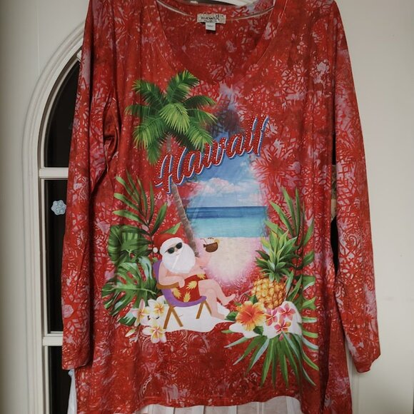 New One Wprld Orange Multi-Color Santa Hawaii Tunic Top Women's 1X - Picture 2 of 2